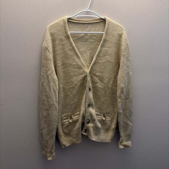 Vintage Sweaters - Vintage 1970s Knit Cardigan Sweater Cream Oatmeal Button Pocket Detail Large